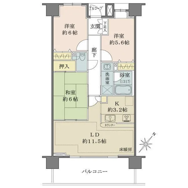 王子神谷パークハウス 南東向きバルコニー面いっぱいに間口を確保した開放感あふれるリビングダイニングが印象的な3LDK