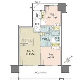 LDK含む2居室が南東向きバルコニーに面した明るいレイアウト。全居室に収納が設けられています。
