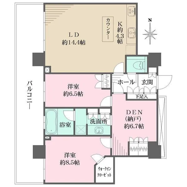 ザ・リバープレイスサウスタワー 3部屋がバルコニーに面し、眺望良好。ウォークインクローゼットなどの収納が豊富。約6.7帖DEN有り。
