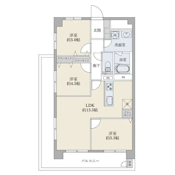 東建砧マンション 間取図　３ＬＤＫ６３．３４平米　専用庭・専用駐車場付