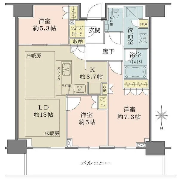 グランドメゾン新梅田タワーTHE CLUB RESIDENCE 間口約8.5mのワイドスパン、廊下が短く面積を有効利用した間取り設計です。