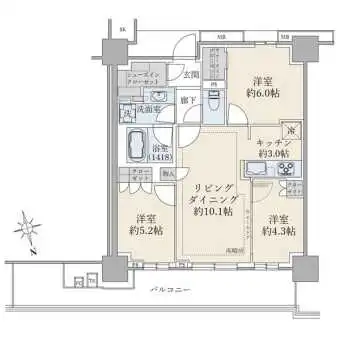 ３ＬＤＫ、専有面積６６．１ｍ２、バルコニー面積１５．６１ｍ２
