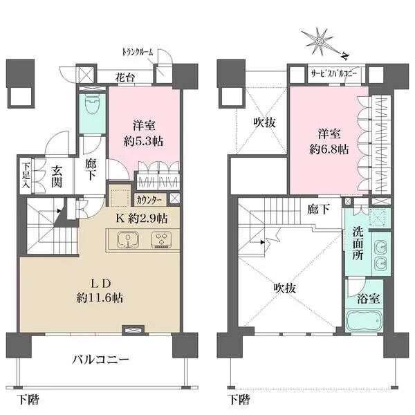 パークタワー横濱ポートサイド 陽当り・眺望良好。LD上部は吹抜け仕様で開放感があります。各洋室の収納やトランクルームなど収納充実。