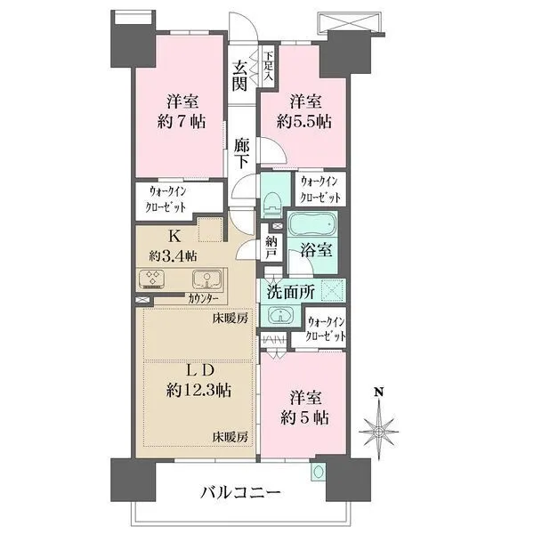 シティテラス金町 LDに2面の床暖房有。各洋室にウォークインクローゼットが備え付けられた、収納豊富な住まいです。