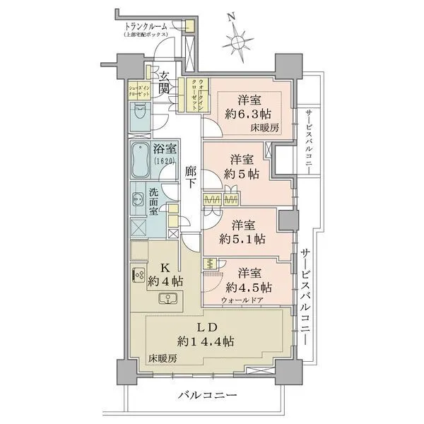 ブリリア聖蹟桜ヶ丘ブルーミングテラス ４ＬＤＫ、専有面積９０．５７平方メートル、バルコニー面積２１．４４平方メートル
