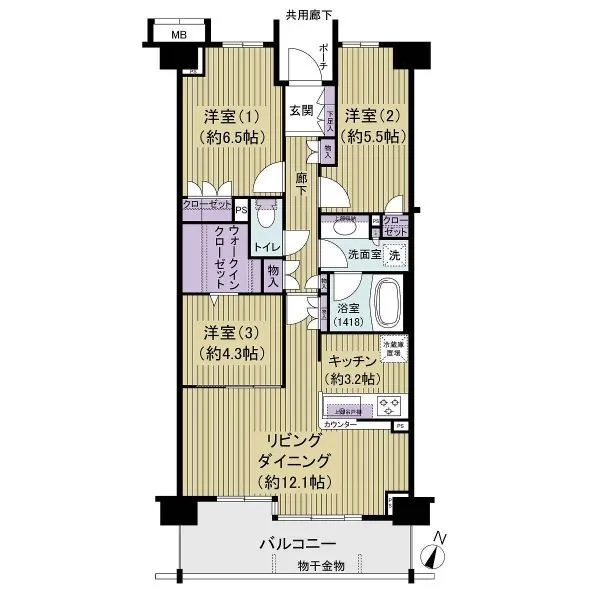 セントラルコート船橋習志野台 専有面積７１．１０m2の３LDKタイプ