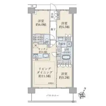 各居室５畳以上・収納あり。独立性があり、家族構成の変化に対応しやすい田の字型３ＬＤＫ