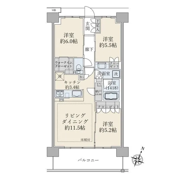 ブリリアシティ石神井公園アトラス３号棟 各居室５畳以上・収納あり。独立性があり、家族構成の変化に対応しやすい田の字型３ＬＤＫ