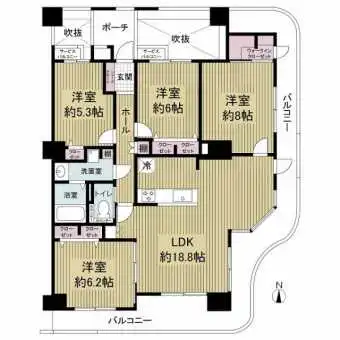 4LDK、専有面積94.87m2、14階角住戸