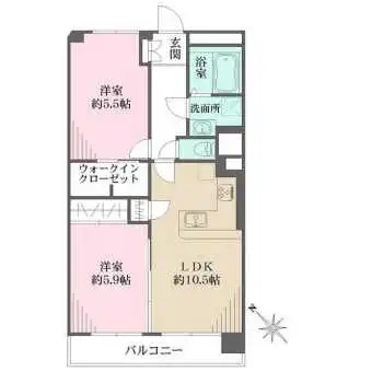 L字仕様の対面キッチンが採用されています。LDKと約5.9帖の洋室は、建具を開放して一体利用が可能。