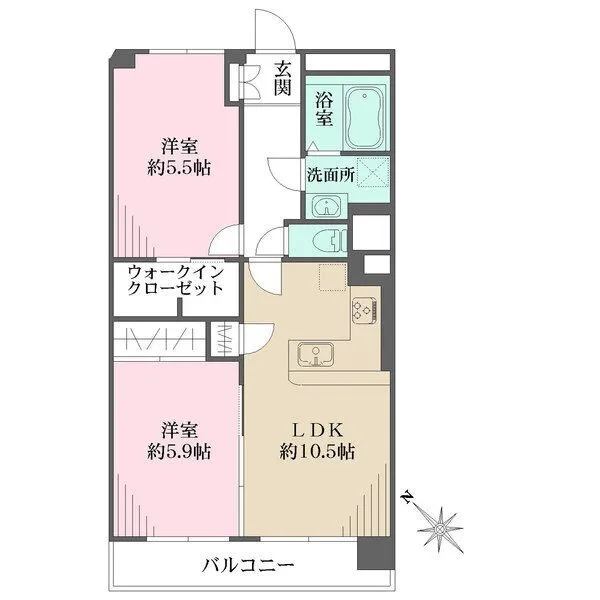 伊達坂ハイツ L字仕様の対面キッチンが採用されています。LDKと約5.9帖の洋室は、建具を開放して一体利用が可能。