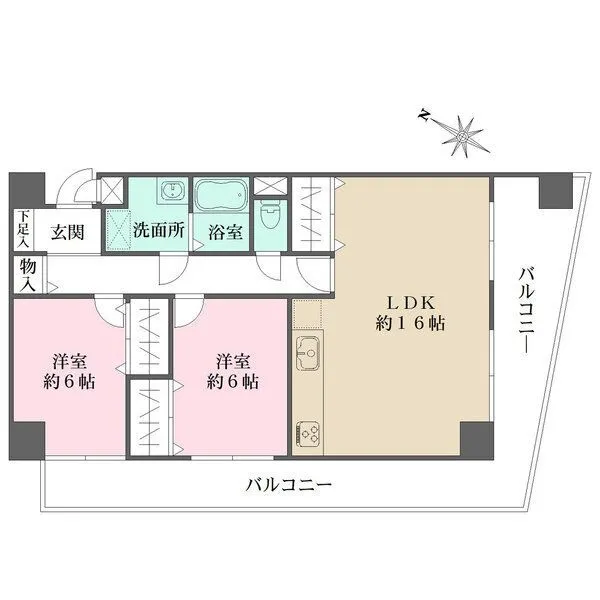 エンゼルハイム新子安 全居室6帖以上。全居室に跨るバルコニーが設けられ、陽当り・通風ともに良好です。浴室サイズ1316。