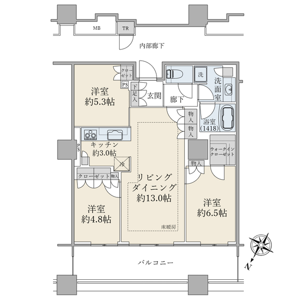 ブリリア有明スカイタワー／３ＬＤＫ／７５．４４平米／北西向き 間取図