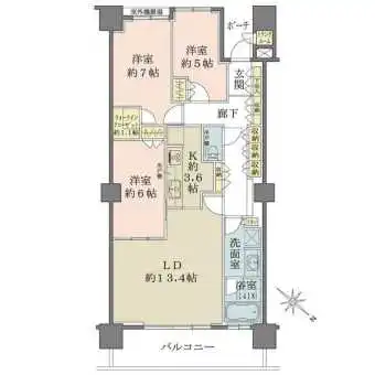 LDと洋室約6帖の一体利用でゆとりある空間に。開放的なビューバスあり。回遊性のある間取りで動線良好。