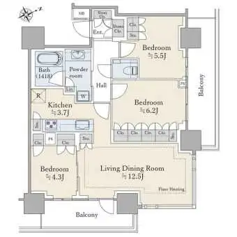 【間取図】１５階部分／南東・北東向き角住戸／東京タワー方面を望める３ＬＤＫ