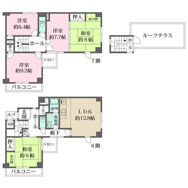 嵐山グランドシティ メゾネットタイプの角住戸。4箇所のバルコニーやルーフテラス付きで陽当り良好。玄関前にポーチ付きです。