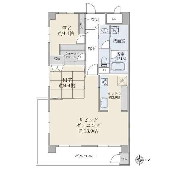 東建砧マンション 間取図（専有面積：６３．３４平米　２ＬＤＫ）