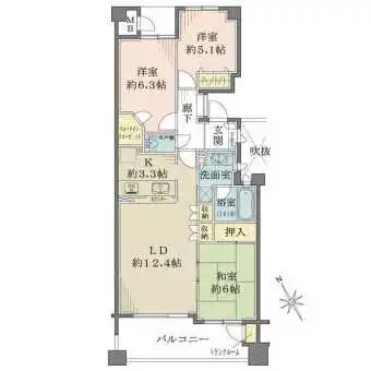各居室5帖以上確保されたゆとりある3LDKの間取り。バルコニーにはトランクルームもあり収納豊富。