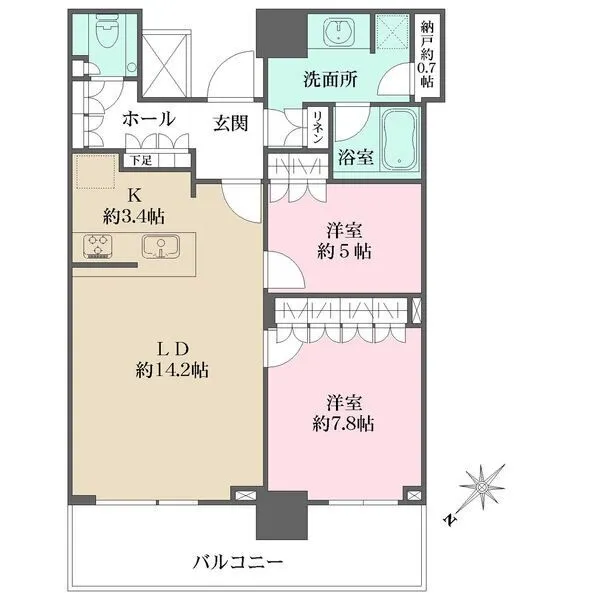 ザ・タワー横浜北仲 LDK約17.6帖の2LDK・各居室に収納、洗面室に納戸が備えられており、収納スペースが豊富です。