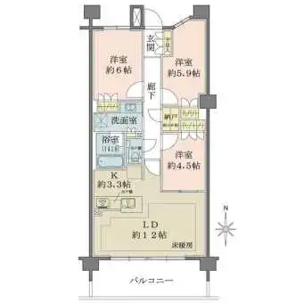 LDと洋室約4.5帖は一体利用が可能な柔軟な間取り。キッチンは対面式、LD部分に床暖房付きです。