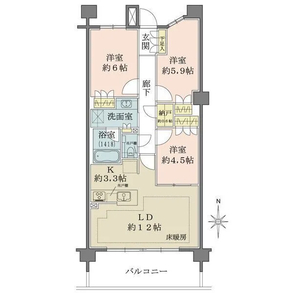 ウェリス茅ヶ崎東海岸南 LDと洋室約4.5帖は一体利用が可能な柔軟な間取り。キッチンは対面式、LD部分に床暖房付きです。