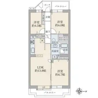 ６９．３７平米／２ＳＬＤＫ／東向き／両面バルコニー／独立性の高い玄関ポーチ・門扉付き