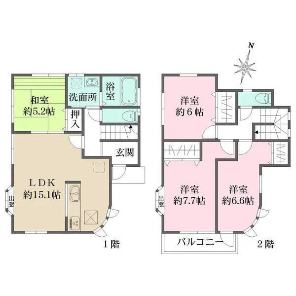 横浜市磯子区岡村７丁目 LDKは約15.1帖。各居室や水回り、階段など各所に窓があり、陽当り＆通風良好。各和洋室に収納有。