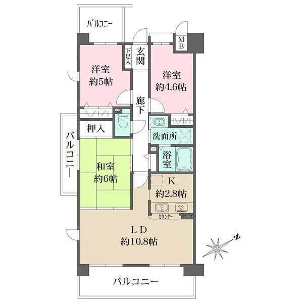 藤和シティホームズ神足 開口が多く採光や通風に恵まれています。LDと和室の一体利用ができる柔軟な間取り。3面バルコニー付き。