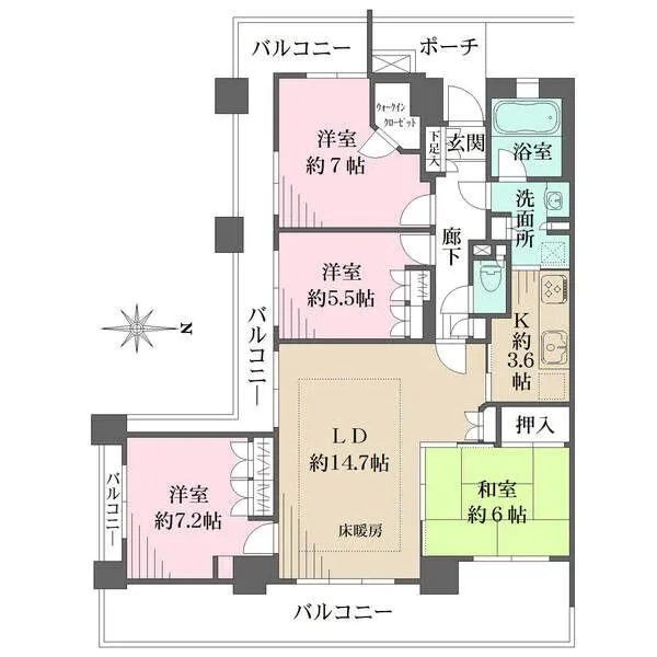 藤和シティホームズ烏丸五条 キッチンから、洗面所・廊下・LDへと繋がる、家事動線良好な回遊式の間取りが採用されています。