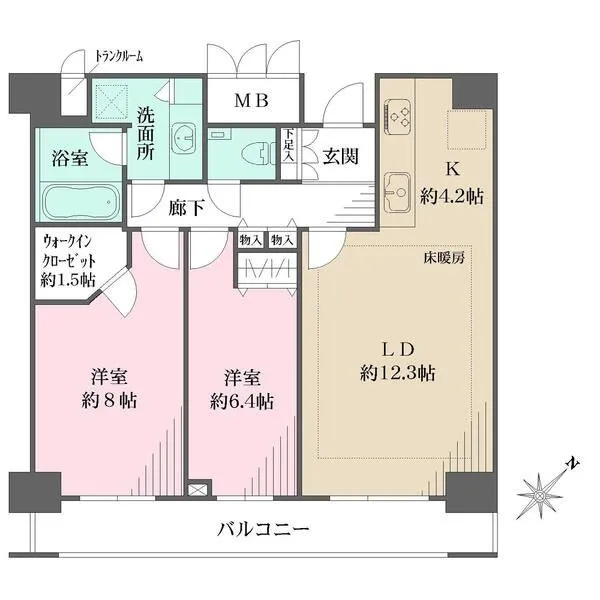 渋谷アインス 南東向きのワイドスパンバルコニーに全居室が面する、開放的な間取りです。ウォークインクローゼット有り。