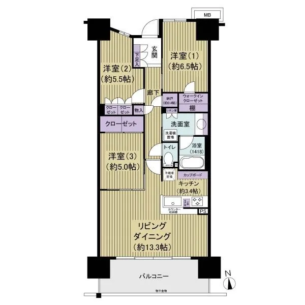ウェリス南流山 広々77.58m2の3LDKの間取り。