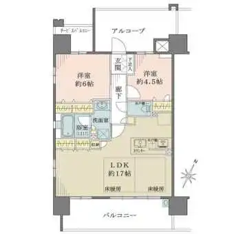 南・西向き角住戸。約17帖の広々としたLDK。全居室に開口部があり開放感のある室内です。