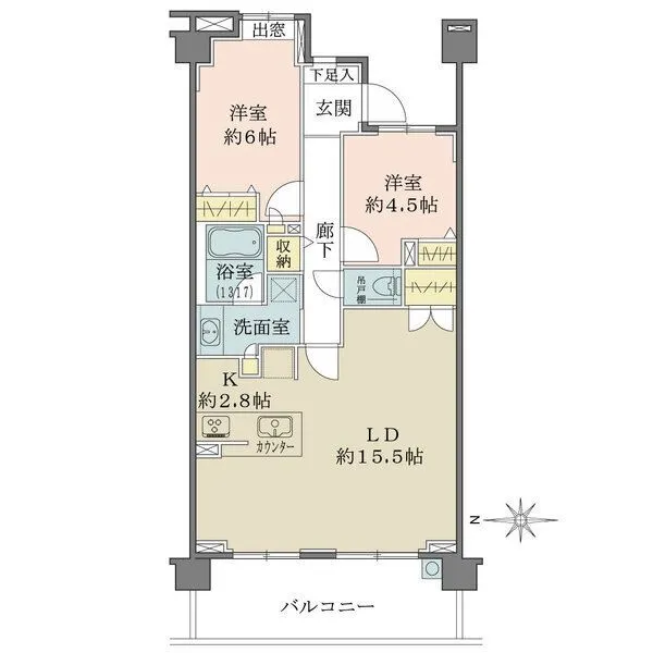 レーベンリヴァーレセレドール 横長タイプで廊下部分まで太陽光の届く、開放感のある明るい約15.5帖のリビングダイニング