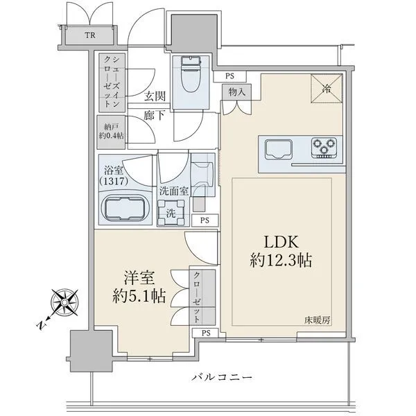 ブリリアタワー有明ミッドクロス 1LDK+N+WIC 44.48平米