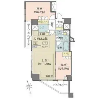 陽当たり・通風・眺望良好な6階角住戸。各居室に窓有。水回りが集約されており、家事を効率的に行えます。