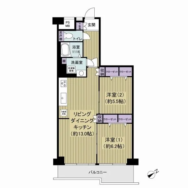 幕張本郷スカイハイツ 専有面積５７．１５m2の２LDKタイプ