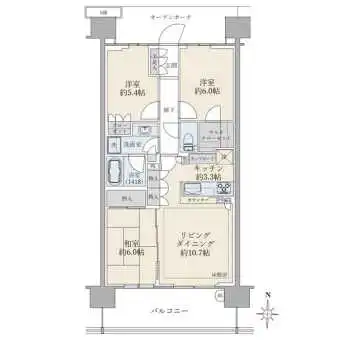 ３ＬＤＫ、専有面積７１．１９ｍ２、バルコニー面積１２．６ｍ２