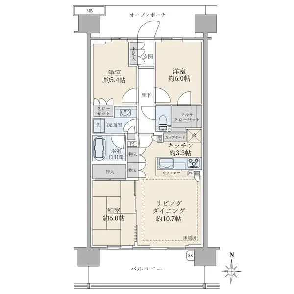 ブリリア多摩ニュータウンＡ棟 ３ＬＤＫ、専有面積７１．１９ｍ２、バルコニー面積１２．６ｍ２