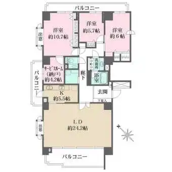 LD約24.2帖や洋室約10.7帖など、ゆとりある住まいです。納戸あり。陽当り・通風・眺望良好です。