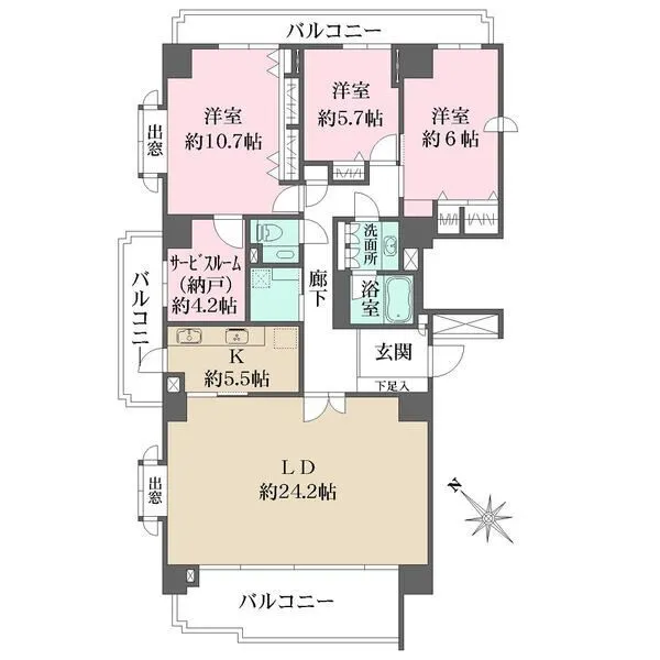 パークハウス多摩川北参番館 LD約24.2帖や洋室約10.7帖など、ゆとりある住まいです。納戸あり。陽当り・通風・眺望良好です。
