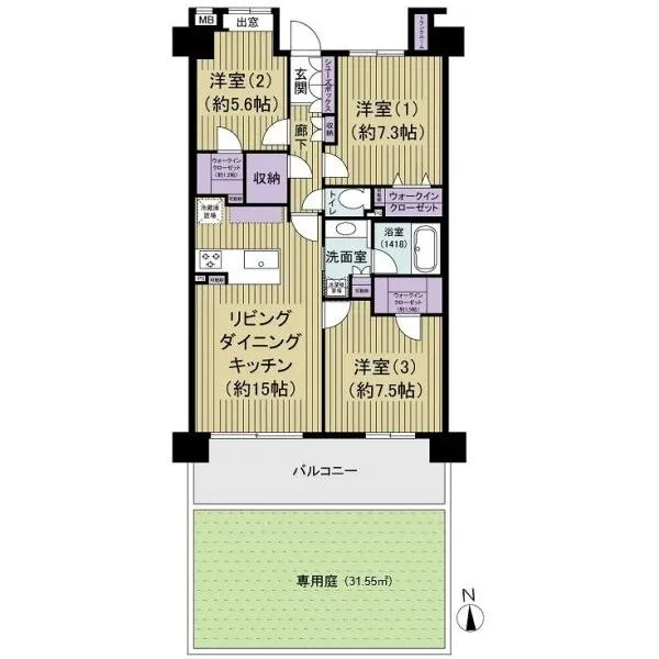 ブローデン青木町公園 専有面積81.42m2　専用庭31.55m2