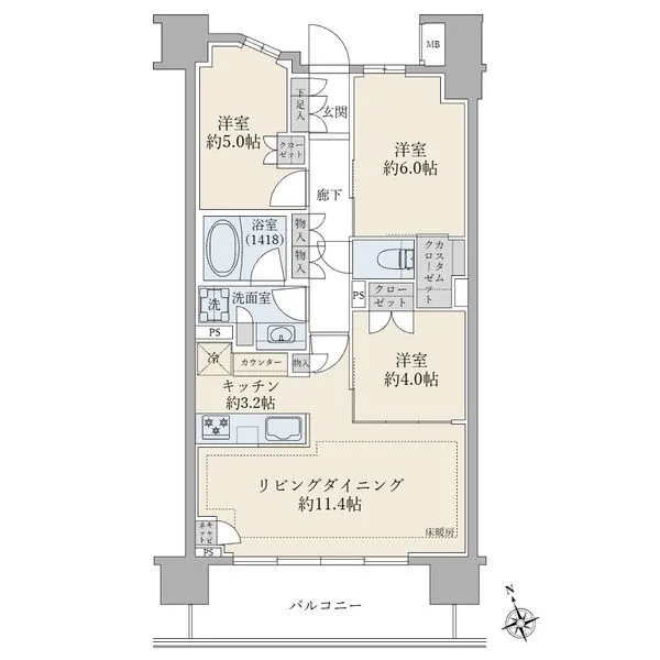 ブリリア品川戸越パークス ２階部分・３ＬＤＫ＋ＣＣ（カスタムクローゼット）・南向き住戸・日当たり良好です。