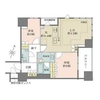 23階部分の東・北角住戸。廊下面積を抑え、住空間が広く確保された間取りです。全居室に収納有り。