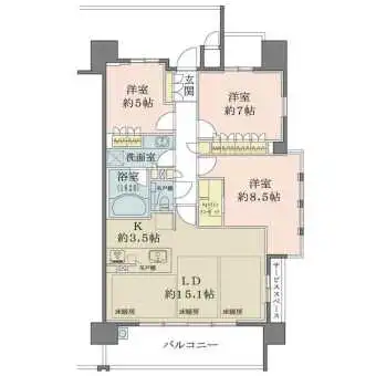 廊下・洗面室・洋室などに収納、約8.5帖の洋室にはウォークインクローゼットが備わり、収納が豊富です。
