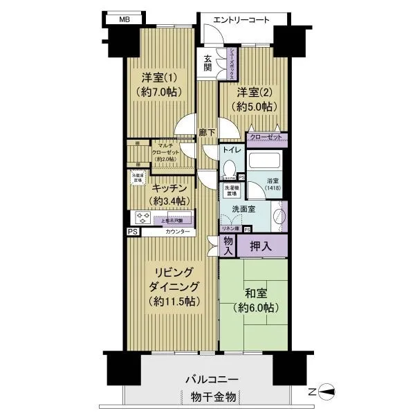 パークウエスト東京イーストブロック棟 13階、75.04m2　3LDK　