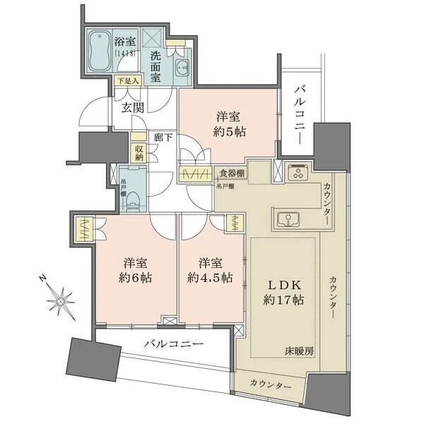 ザ・パークハウス三軒茶屋タワー 南東・南西角住戸。リビングダイニングは陽当たり良好でございます。