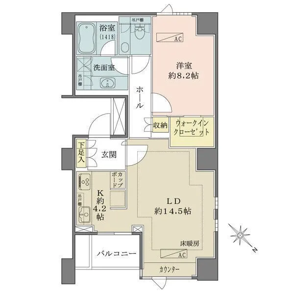 南青山テラス　常盤松フォレスト LDに床暖房有り。キッチンは約4.2帖の広さ。ウォークインクローゼット等、収納豊富な間取りです。
