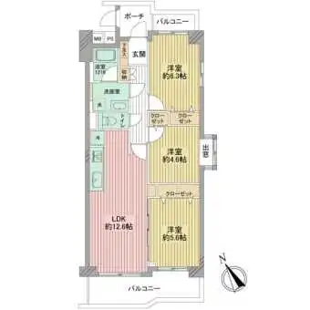 専有面積「63.97m2」3LDKの間取りプラン