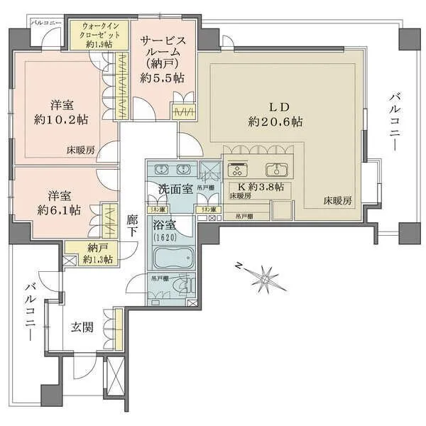 ヴェーゼント赤坂新坂 LDKは約24.4帖×ワイドスパンで開放的な住空間。LDKと洋室約10.2帖に床暖房、納戸2箇所有。