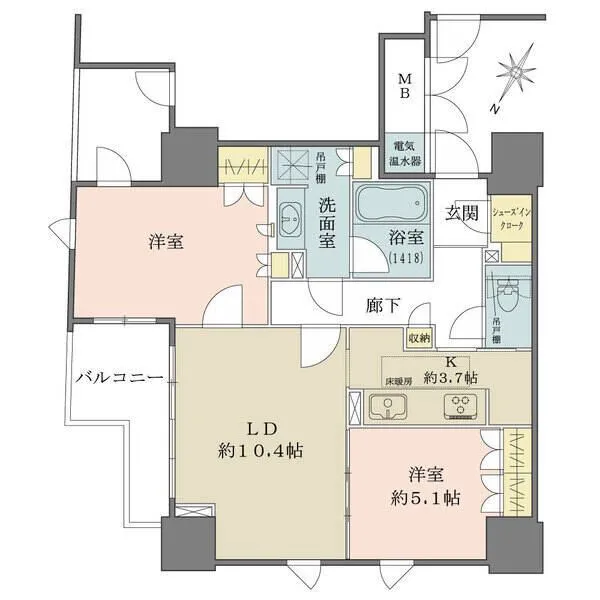 グランスイート中之島タワー キッチンを中心とした回遊型の間取り。収納豊富です。開口部が多く角住戸ならではの開放感を享受できます。